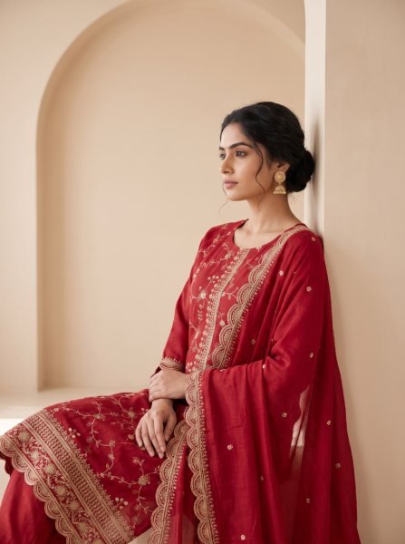 Red Heavy Blooming Chinon Silk Embroidered Top Bottom Dupatta Set at Wholesale Rate Embroidery Suits Wholesale