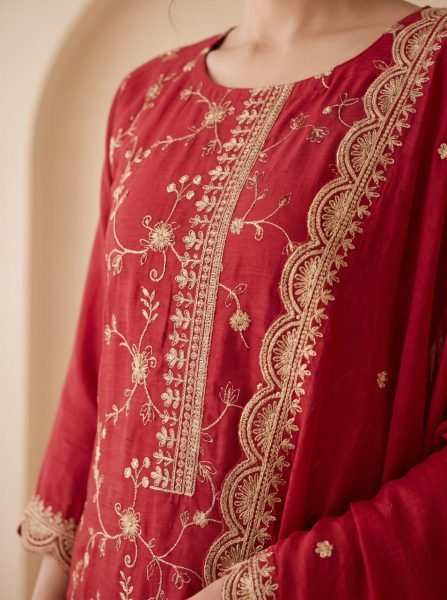 Red Heavy Blooming Chinon Silk Embroidered Top Bottom Dupatta Set at Wholesale Rate Embroidery Suits Wholesale
