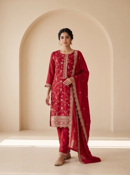 Red Heavy Blooming Chinon Silk Embroidered Top Bottom Dupatta Set at Wholesale Rate Embroidery Suits Wholesale
