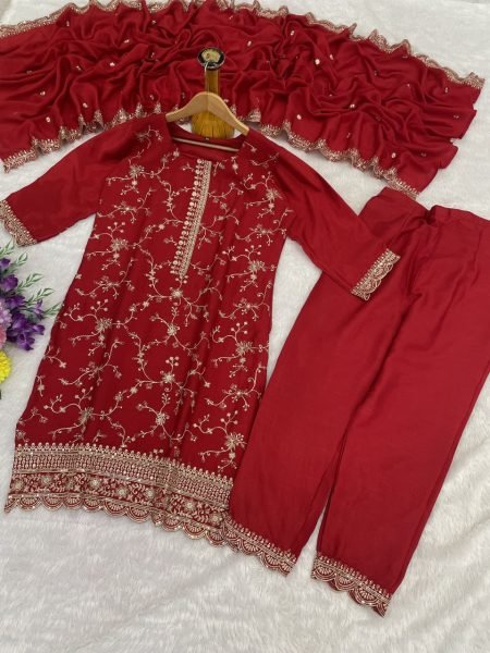 Red Heavy Blooming Chinon Silk Embroidered Top Bottom Dupatta Set at Wholesale Rate Embroidery Suits Wholesale