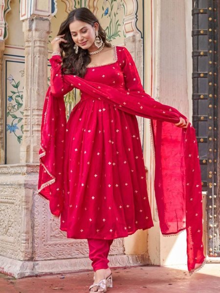 Red Heavy Fendi Silk Party-Wear Gown Set with Detailed Sequence Work 