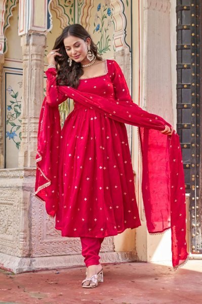 Red Heavy Fendi Silk Party-Wear Gown Set with Detailed Sequence Work Ready To Wear Collection