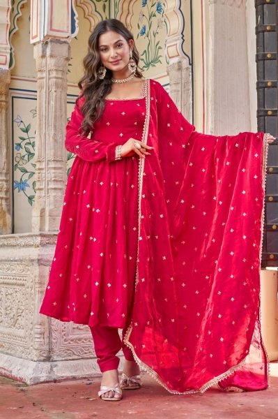 Red Heavy Fendi Silk Party-Wear Gown Set with Detailed Sequence Work Ready To Wear Collection