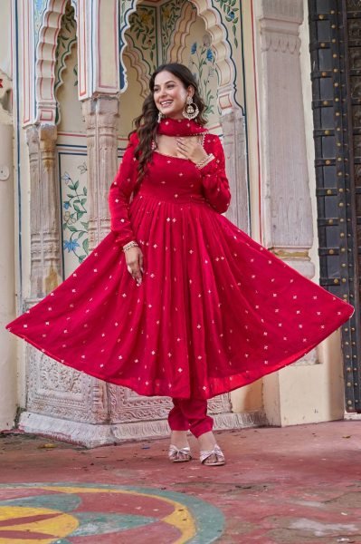 Red Heavy Fendi Silk Party-Wear Gown Set with Detailed Sequence Work Ready To Wear Collection