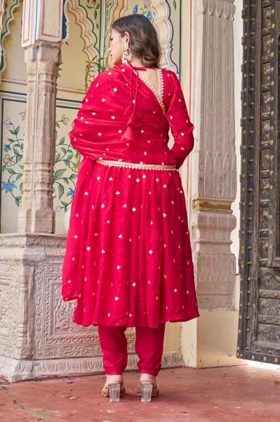 Red Heavy Fendi Silk Party-Wear Gown Set with Detailed Sequence Work Ready To Wear Collection