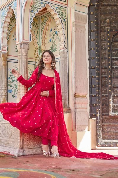 Red Heavy Fendi Silk Party-Wear Gown Set with Detailed Sequence Work Ready To Wear Collection