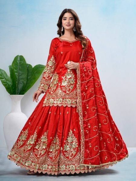 Red Heavy Jelly Shimmer Silk Lehenga Choli with Coding and Sequin Work for Festival 