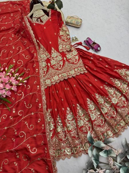 Red Heavy Jelly Shimmer Silk Lehenga Choli with Coding and Sequin Work for Festival Ready To Wear Collection
