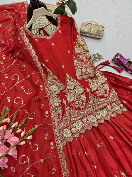 Red Heavy Jelly Shimmer Silk Lehenga Choli with Coding and Sequin Work for Festival Ready To Wear Collection