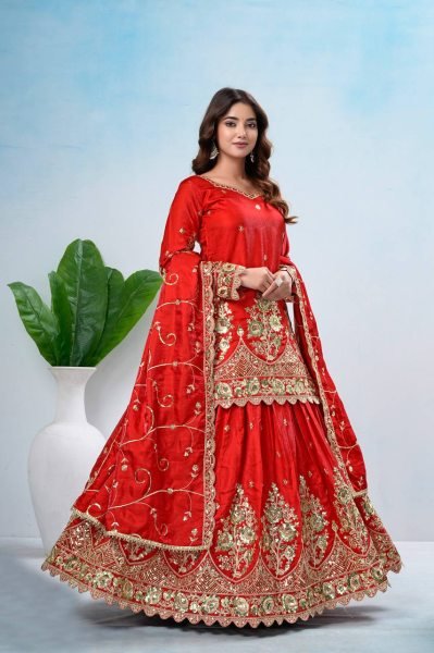 Red Heavy Jelly Shimmer Silk Lehenga Choli with Coding and Sequin Work for Festival Ready To Wear Collection
