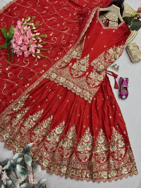 Red Heavy Jelly Shimmer Silk Lehenga Choli with Coding and Sequin Work for Festival Ready To Wear Collection