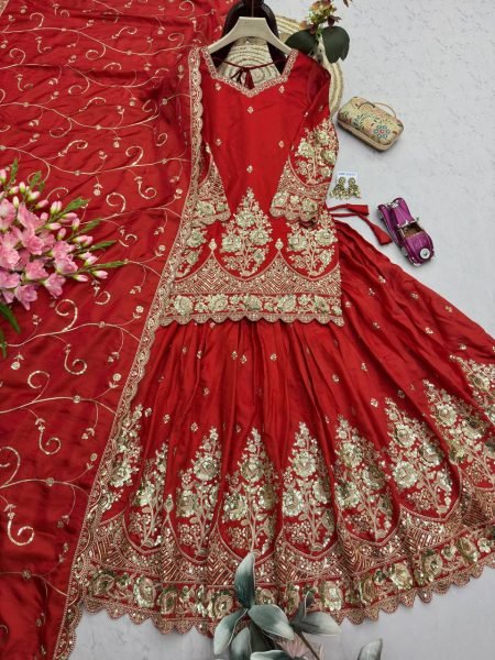 Red Heavy Jelly Shimmer Silk Lehenga Choli with Coding and Sequin Work for Festival Ready To Wear Collection