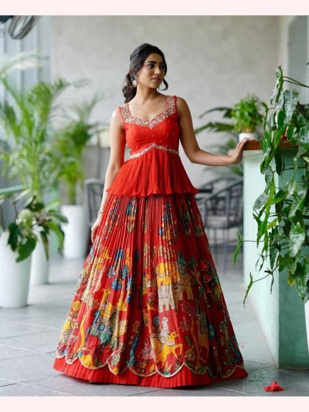 Red Kalamkari Print Chinon Embroidery Thread Work Lehenga Choli  Designer Lehenga Choli
