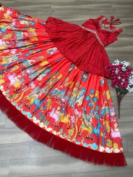 Red Kalamkari Print Chinon Embroidery Thread Work Lehenga Choli  Designer Lehenga Choli
