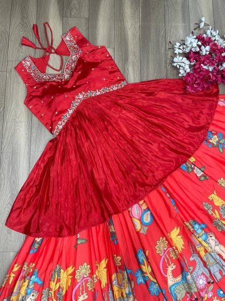 Red Kalamkari Print Chinon Embroidery Thread Work Lehenga Choli  Designer Lehenga Choli