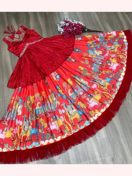 Red Kalamkari Print Chinon Embroidery Thread Work Lehenga Choli  Designer Lehenga Choli