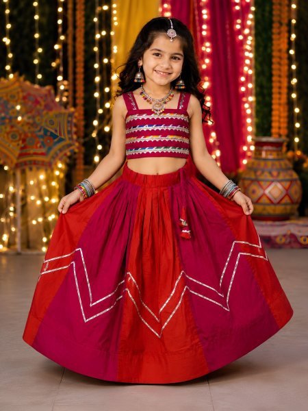 Red Kids Navratri Chaniya Choli with Mirror Work in Roman Silk for Girls Kurtis