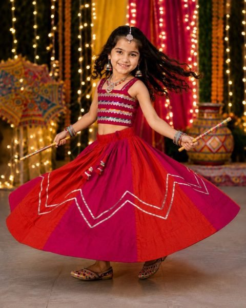 Red Kids Navratri Chaniya Choli with Mirror Work in Roman Silk for Girls Girls Wear