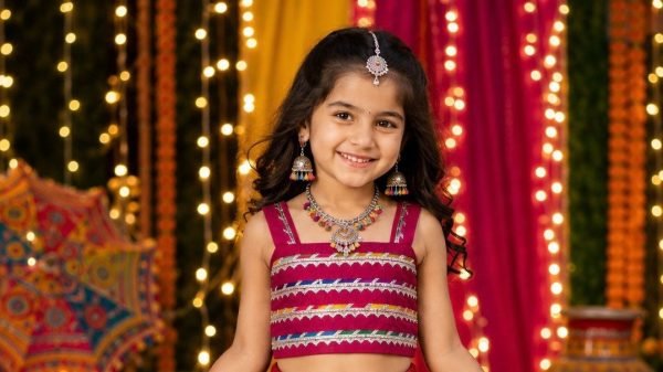 Red Kids Navratri Chaniya Choli with Mirror Work in Roman Silk for Girls Girls Wear