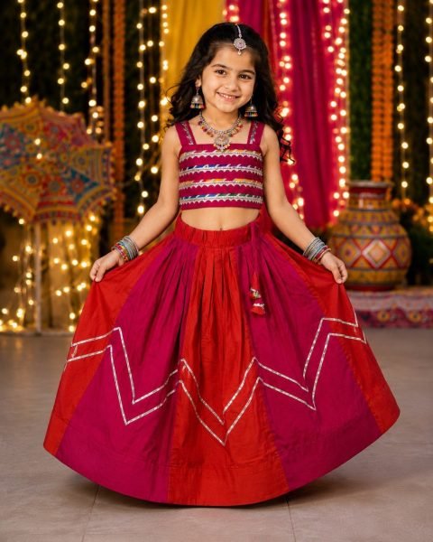 Red Kids Navratri Chaniya Choli with Mirror Work in Roman Silk for Girls Girls Wear