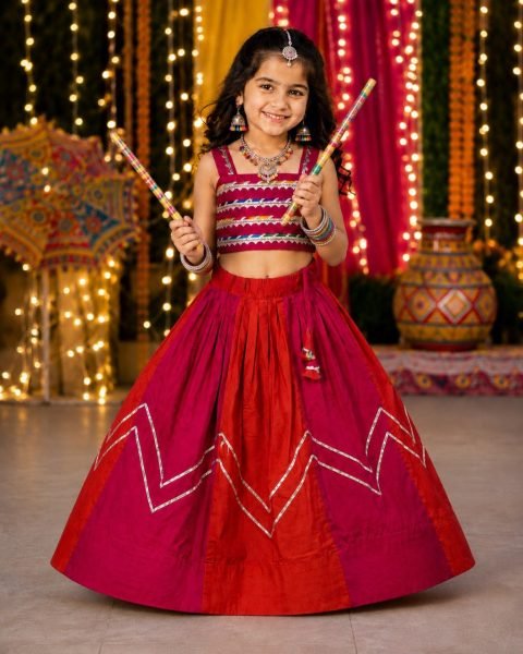 Red Kids Navratri Chaniya Choli with Mirror Work in Roman Silk for Girls Girls Wear