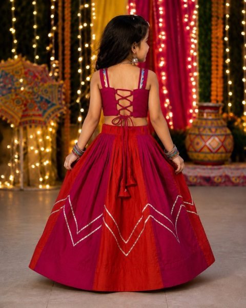 Red Kids Navratri Chaniya Choli with Mirror Work in Roman Silk for Girls Girls Wear