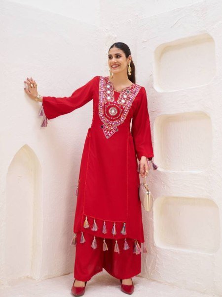 Red Mirror Work Kurti Palazzo Set for Garba and Festive Wear Wholesale Rate