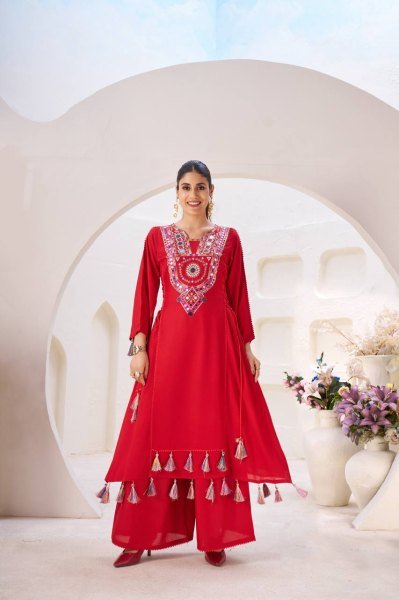 Red Mirror Work Kurti Palazzo Set for Garba and Festive Wear Wholesale Rate Navratri Collection