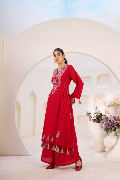 Red Mirror Work Kurti Palazzo Set for Garba and Festive Wear Wholesale Rate Navratri Collection