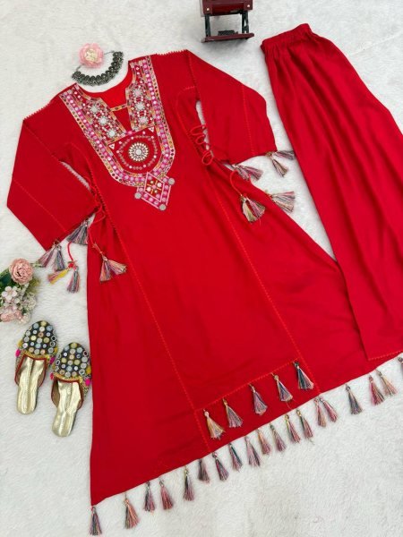Red Mirror Work Kurti Palazzo Set for Garba and Festive Wear Wholesale Rate Navratri Collection