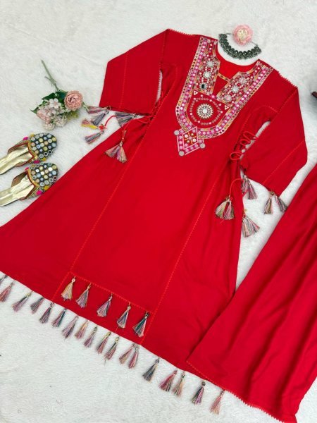 Red Mirror Work Kurti Palazzo Set for Garba and Festive Wear Wholesale Rate Navratri Collection