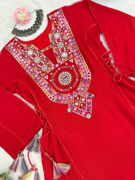 Red Mirror Work Kurti Palazzo Set for Garba and Festive Wear Wholesale Rate Navratri Collection