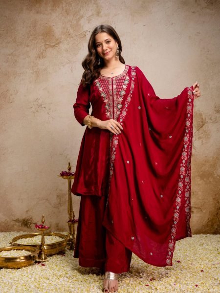 Red Mul Chanderi 3 Pic Kurti Palazzo Set With Embroidery Neck Design For Best Deal Kurti Set Kurtis