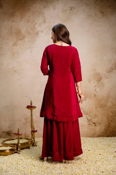 Red Mul Chanderi 3 Pic Kurti Palazzo Set With Embroidery Neck Design For Best Deal Kurti Set Embroidery Kurtis 