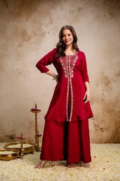 Red Mul Chanderi 3 Pic Kurti Palazzo Set With Embroidery Neck Design For Best Deal Kurti Set Embroidery Kurtis 