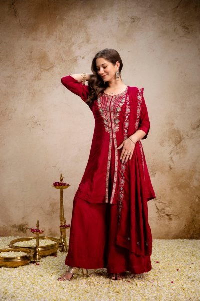 Red Mul Chanderi 3 Pic Kurti Palazzo Set With Embroidery Neck Design For Best Deal Kurti Set Embroidery Kurtis 