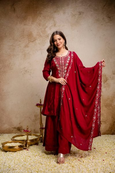 Red Mul Chanderi 3 Pic Kurti Palazzo Set With Embroidery Neck Design For Best Deal Kurti Set Embroidery Kurtis 