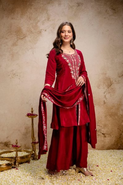 Red Mul Chanderi 3 Pic Kurti Palazzo Set With Embroidery Neck Design For Best Deal Kurti Set Embroidery Kurtis 