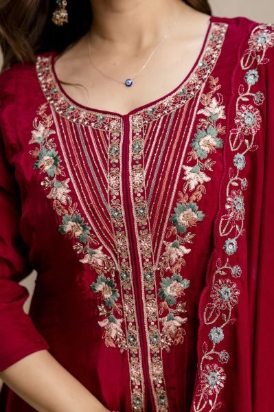 Red Mul Chanderi 3 Pic Kurti Palazzo Set With Embroidery Neck Design For Best Deal Kurti Set Embroidery Kurtis 