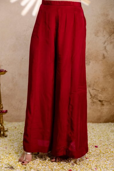 Red Mul Chanderi 3 Pic Kurti Palazzo Set With Embroidery Neck Design For Best Deal Kurti Set Embroidery Kurtis 