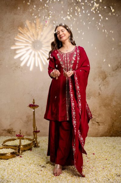 Red Mul Chanderi 3 Pic Kurti Palazzo Set With Embroidery Neck Design For Best Deal Kurti Set Embroidery Kurtis 