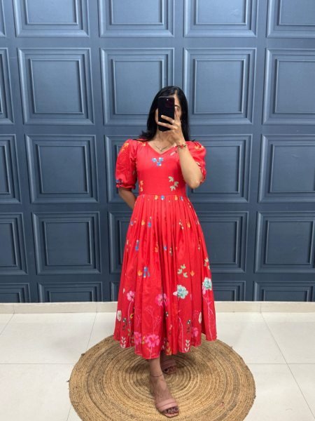 Red Muslin Cotton Stylish Printed Frock with Designer Sleeves Casual Fashion Wear Cotton Kurtis Wholesale