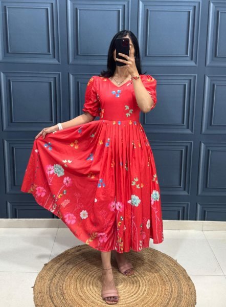 Red Muslin Cotton Stylish Printed Frock with Designer Sleeves Casual Fashion Wear Cotton Kurtis Wholesale