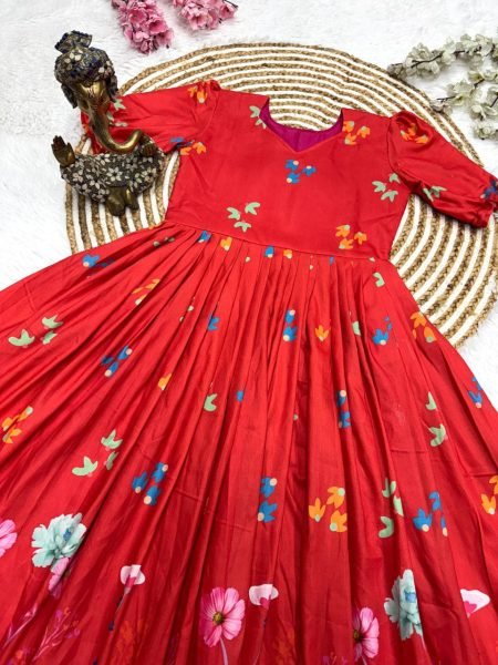 Red Muslin Cotton Stylish Printed Frock with Designer Sleeves Casual Fashion Wear Cotton Kurtis Wholesale