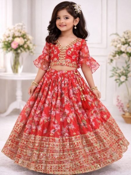 Sleek Red Premium Kids Faux Georgette Lehenga Choli with Sequins Embroidery 