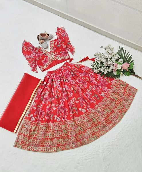 Sleek Red Premium Kids Faux Georgette Lehenga Choli with Sequins Embroidery Girls Wear