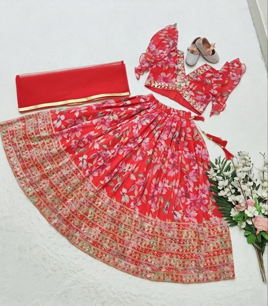 Sleek Red Premium Kids Faux Georgette Lehenga Choli with Sequins Embroidery Girls Wear
