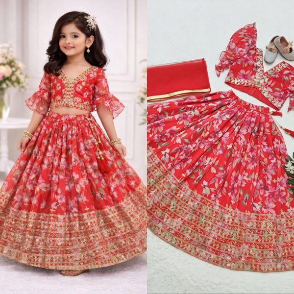 Sleek Red Premium Kids Faux Georgette Lehenga Choli with Sequins Embroidery Girls Wear