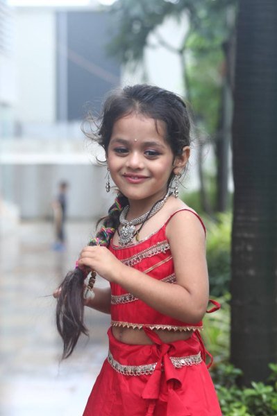 Red Premium Roman Silk Kids Garba Lehenga Choli Festive Celebration Wear Girls Wear