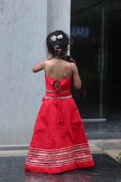 Red Premium Roman Silk Kids Garba Lehenga Choli Festive Celebration Wear Girls Wear